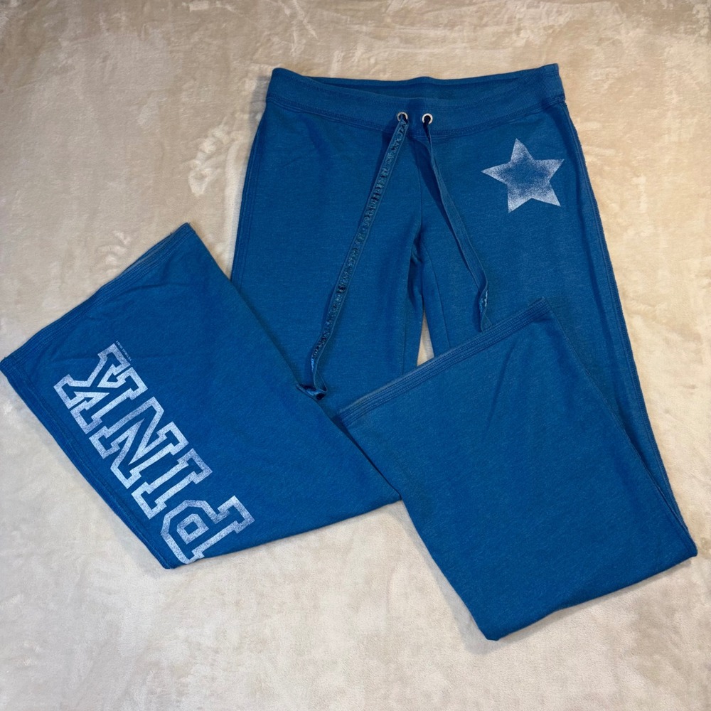 Victoria's Secret PINK Blue Star Logo Wide Leg Sweatpants Y2K Retired Medium